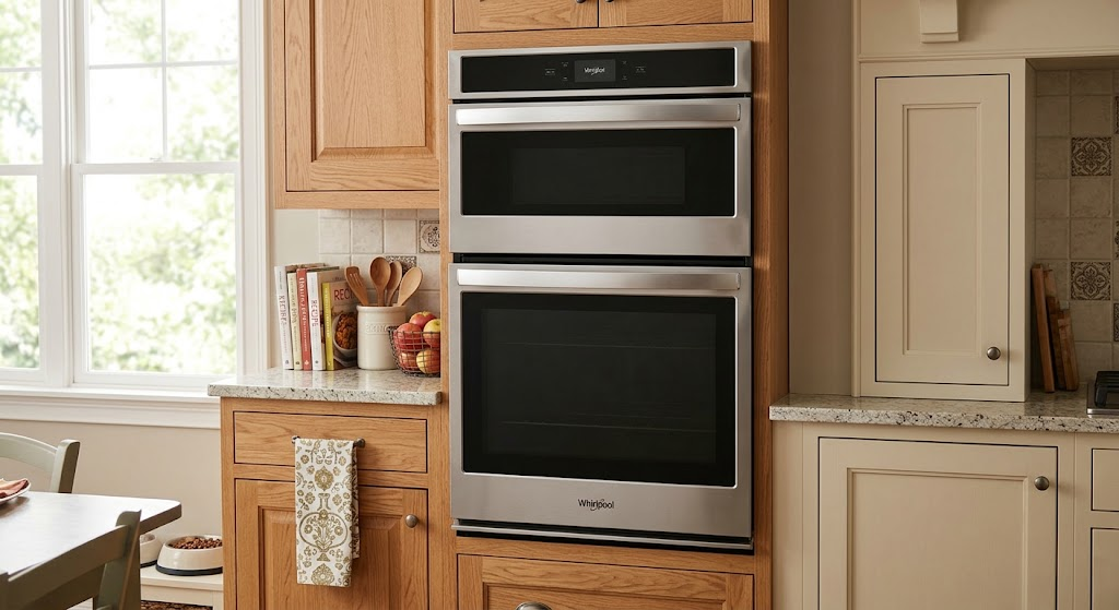 modern double wall oven built into kitchen cabinetry